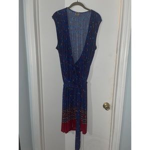 Blue red print wrap dress
